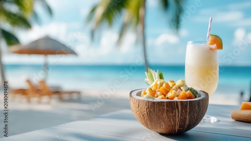 Exotic fruit salad in coconut bowl at beach breakfast