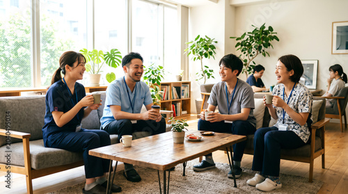 休憩室でコーヒーを飲む介護士たち