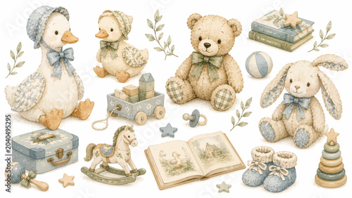 Watercolor vintage baby boy nursery vector clipart set with teddy bear, cute ducklings, plush bunny, and rocking horse