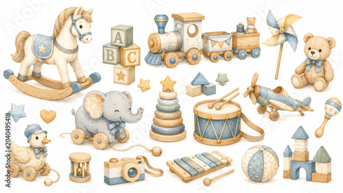 Watercolor vintage baby boy toys vector clipart set with rocking horse, wooden train, blocks, and teddy bear