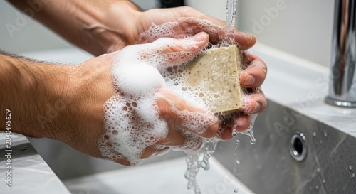 Close-up of hands washing with bar soap and water in a sink.