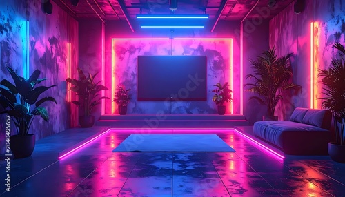 A futuristic room with neon lights and a large screen (21)