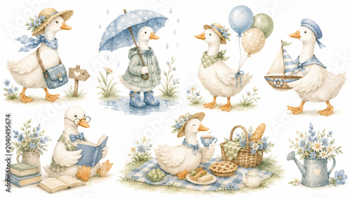Watercolor cute vintage ducks vector clipart set with picnic basket, umbrella, balloons, and sailboat