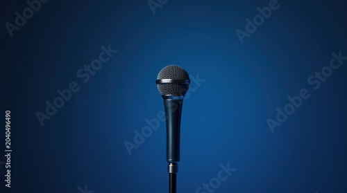 Modern professional vocal microphone standing on a stand against a smooth deep blue studio background