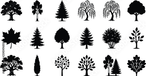 Obraz na płótnie Black tree silhouettes collection, 18 forest and garden plant icons, minimalist