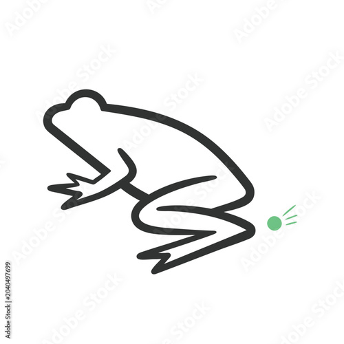 Minimalist outline drawing of a frog with a small green ball.