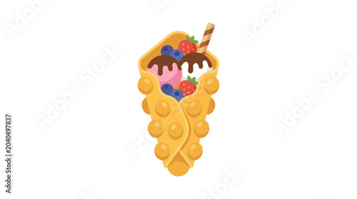 Bubble Waffle Ice Cream Cone with Berries and Chocolate Drizzle
