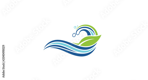 Quadro su tela Eco Friendly Wave Logo with Leaf and Bubbles - Nature Water Symbol