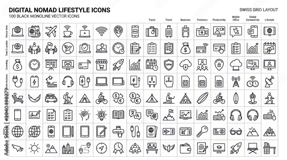 Obraz premium Digital nomad lifestyle icons set with 100 black monoline vector graphics