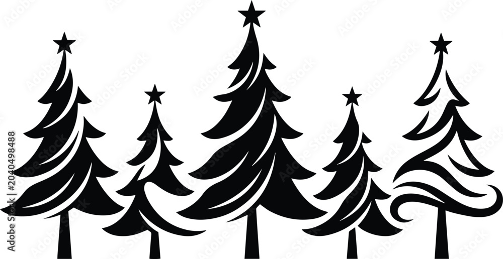 Obraz premium Stylized black Christmas tree vector set, festive holiday pine tree illustrations, winter season evergreen graphic resources, decorative Christmas tree collection for seasonal designs isolated