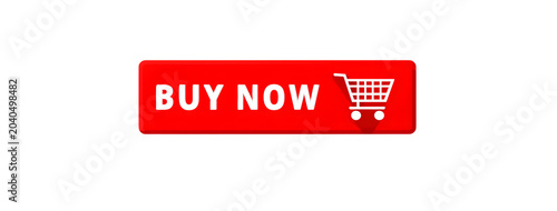 Red rectangular button with white text and shopping cart icon saying buy now isolated on transparent background