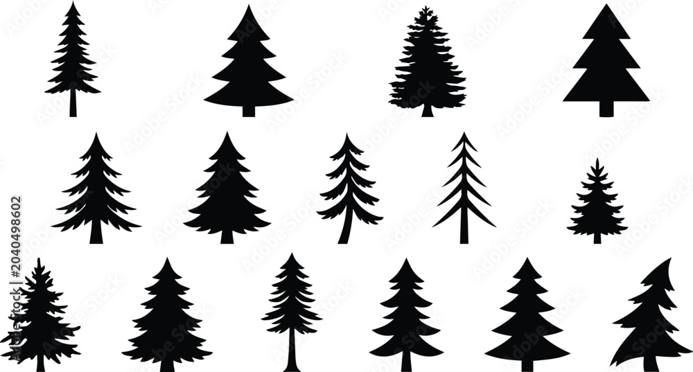 Fototapeta premium Evergreen tree silhouettes, a collection of diverse pine tree shapes, fir tree vector illustrations, and spruce tree designs for nature and holiday projects isolated on White Background