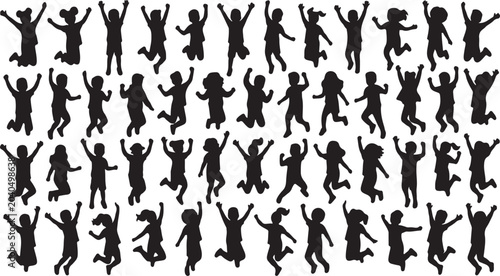 Joyful Celebration Silhouettes: A dynamic collection of diverse child silhouettes captured mid-leap, arms outstretched in uninhibited joy and freedom.