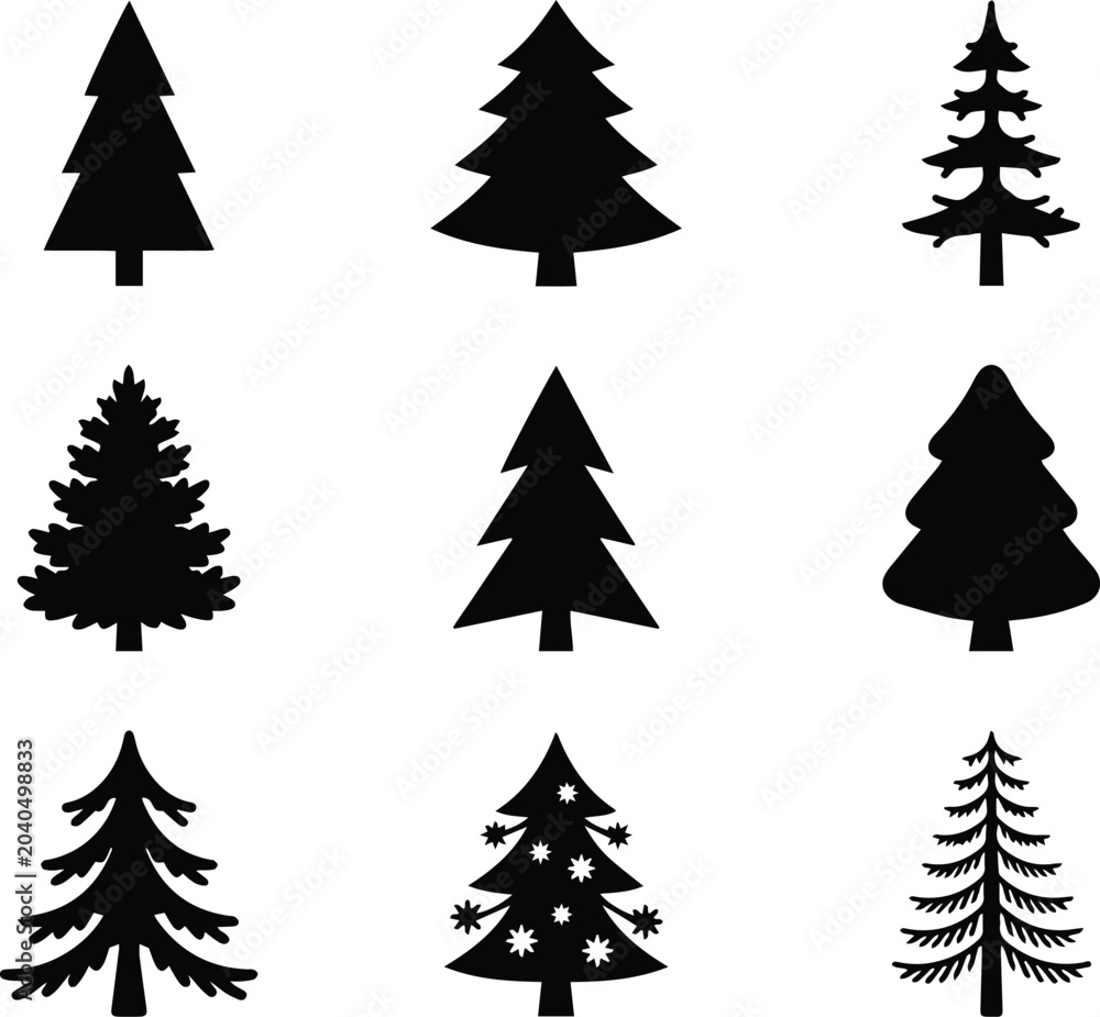 Obraz premium Christmas tree vector silhouettes, a collection of nine festive evergreen tree designs, perfect for holiday season graphics and winter celebrations isolated on White Background