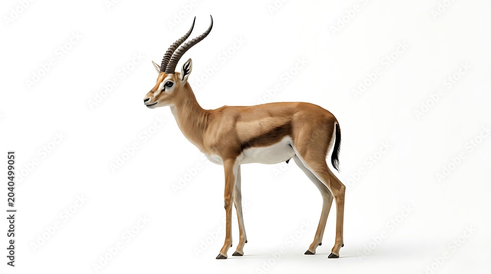Fototapeta premium A full body side view of a graceful springbok standing on a white background.