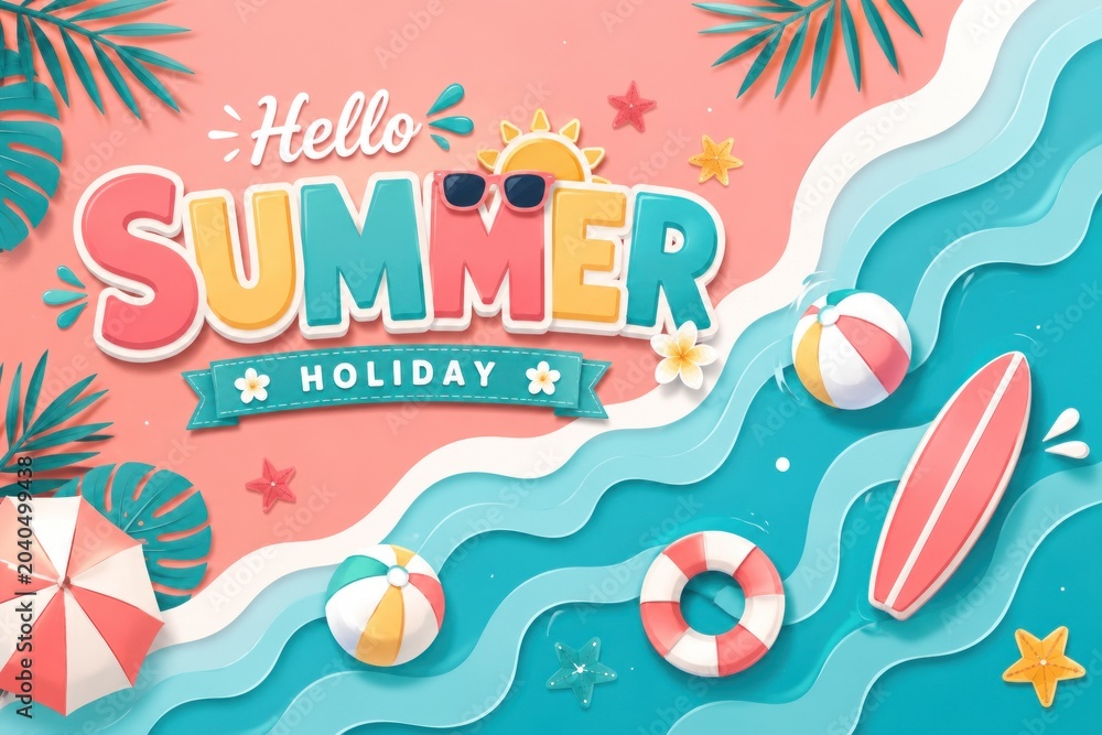 Naklejka premium Colorful summer sale and festival banners with tropical beach elements and vacation vibes.
