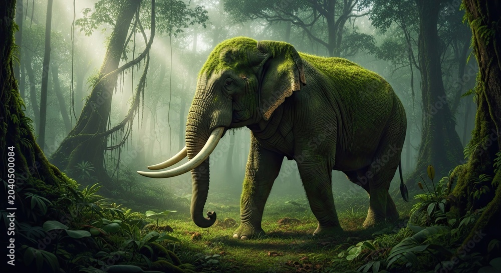 Fototapeta premium Moss Covered Elephant in Enchanted Jungle