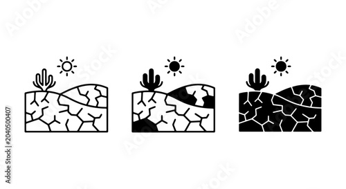 Fotografía Desert Landscape Icons: Arid Cracked Earth, Cactus, Sun, Drought, Dryness, Aridi