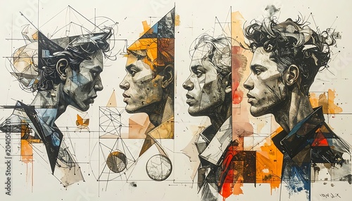 A collage of four human profiles with abstract shapes and colors