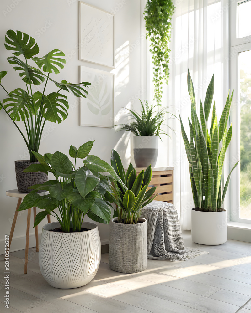 Fototapeta premium Collection of vibrant green indoor plants in modern decorative pots on bright windowsill
