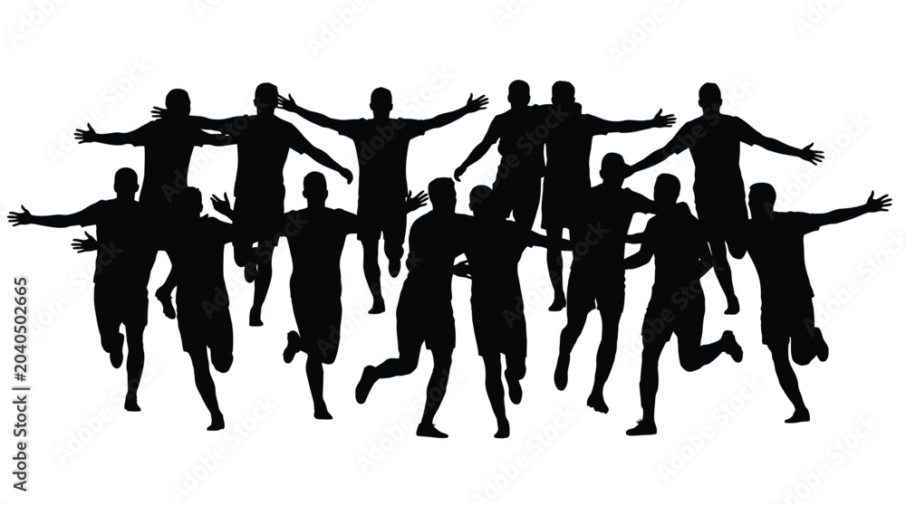 Obraz premium Large group of diverse soccer players in silhouette, celebrating a collective victory with arms outstretched.