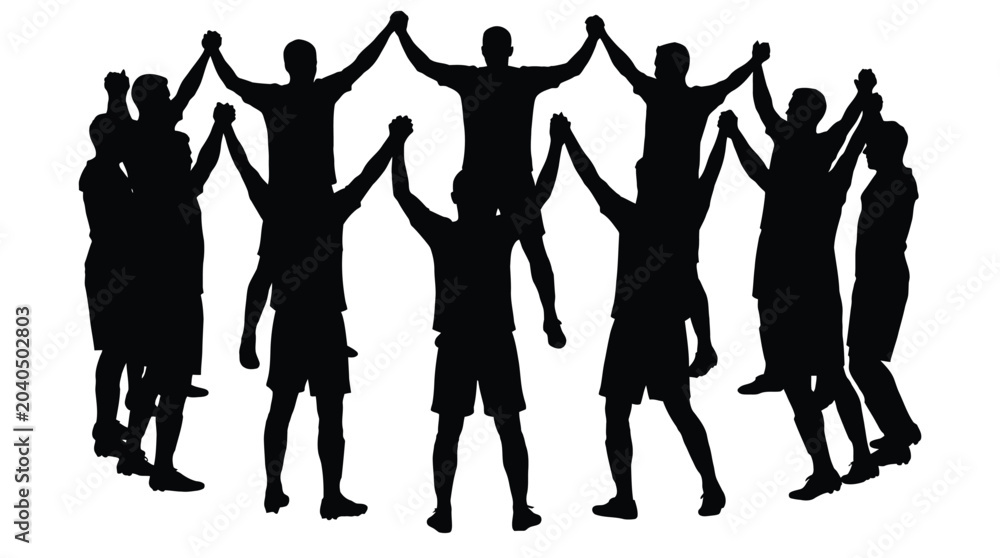 Fototapeta premium Soccer team in a huddle holding hands, celebrating victory, silhouette vector illustration of unity and triumph.
