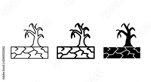 Bild auf Leinwand Dry Cracked Earth with Dead Tree Icons, Drought Symbol Vector Art, Environmental