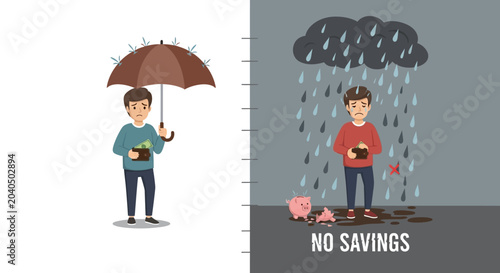 Illustration of Financial Security and Risk with Umbrella and Rain