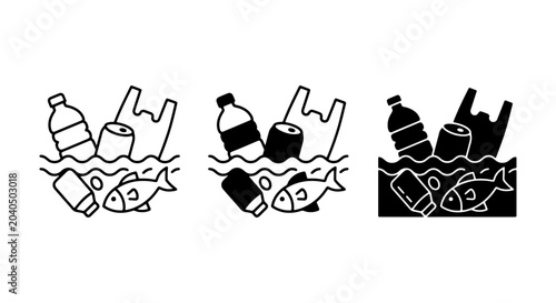 Konstfotografi Plastic Pollution Icons: Ocean Waste, Fish, Bottles, Bags, Cans, Environmental I