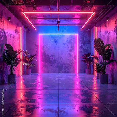 A futuristic room with neon lights and plants (248)