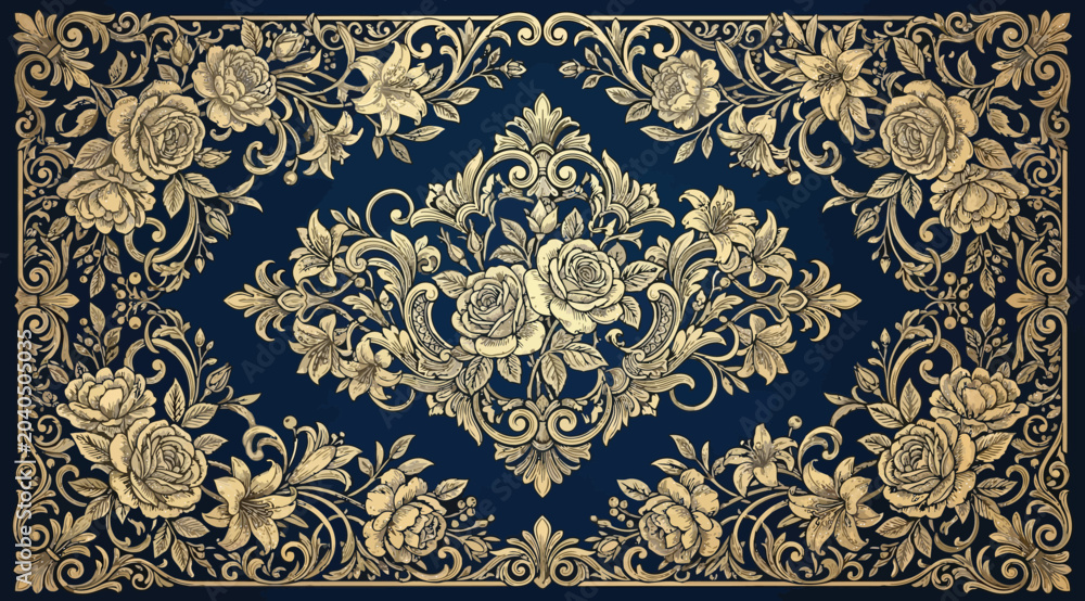 Obraz premium Elegant vintage floral pattern with intricate gold roses and ornate damask motifs on a deep navy blue background