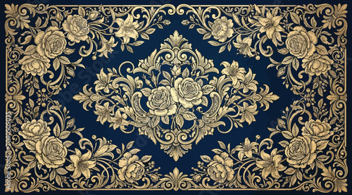 Canvastavla Elegant vintage floral pattern with intricate gold roses and ornate damask motif
