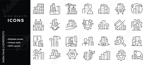 Set of  outline icons related to commercial buildings. Editable stroke. Linear icon .