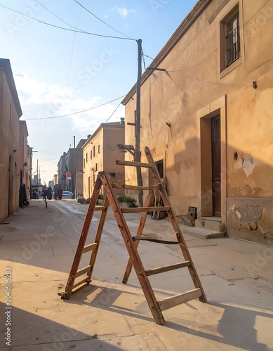 Wooden ladder on empty city street.