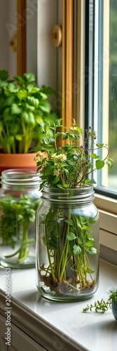 Fresh herb garden cultivated in clear glass jars placed near kitchen window for display, greenery, container gardening