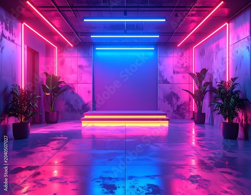 A futuristic room with neon lights and plants on a stage (25)