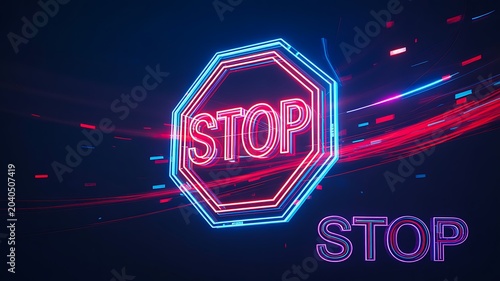Neon stop sign warning symbol with futuristic light trails on dark background