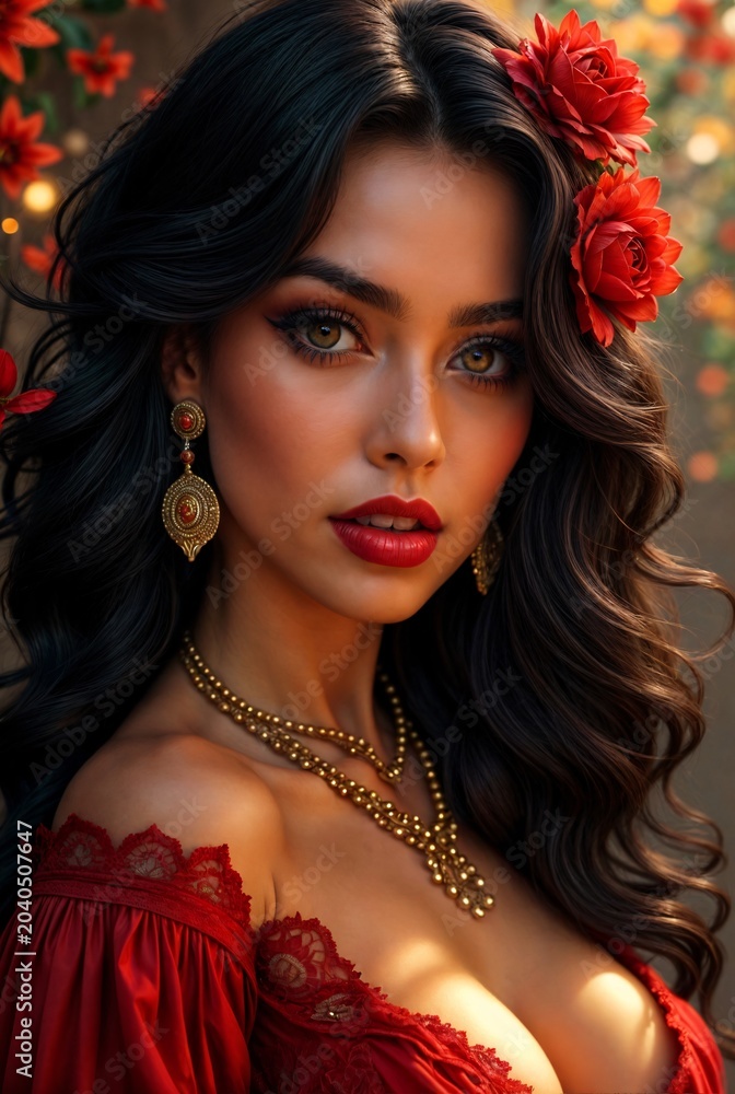 Fototapeta premium The close-up portrait depicts a young woman in a bright, romantic look with floral motifs
