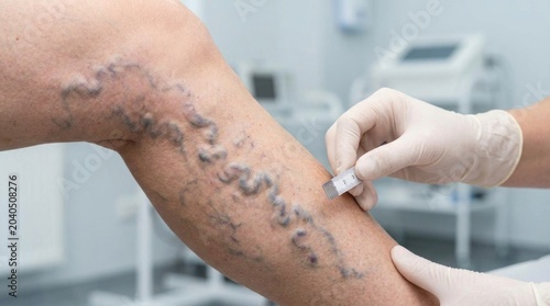 Venous health concern: varicose vein, vascular problem, medical examine, swollen vessel, patient consult, dilated blood, ruler measure, gloved hand.