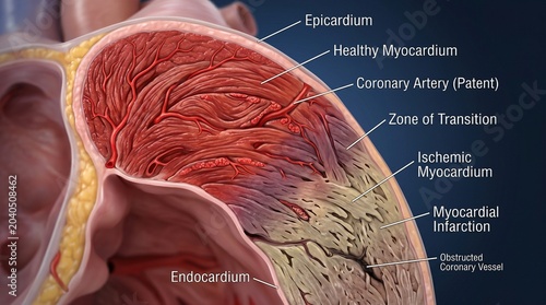 3D medical illustration of a heart wall cross-section with text labels, showing the transition from healthy myocardium to an ischemic myocardial infarction zone.