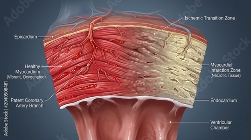 Labeled 3D anatomical diagram of a heart muscle block, illustrating a patent coronary artery, healthy oxygenated myocardium, and a necrotic infarction zone.