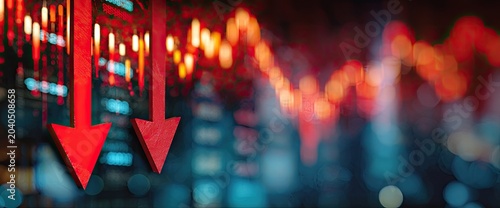Two red arrows point down over a blurred cityscape with red chart lines depicting a financial downturn