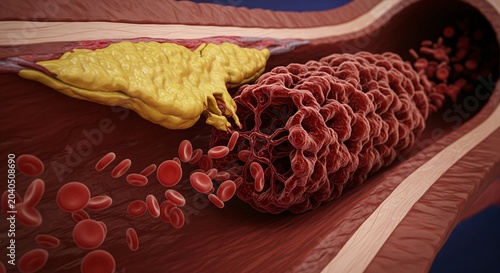 Photorealistic 3D medical illustration of a ruptured plaque and a long cylindrical blood clot completely obstructing a coronary artery.