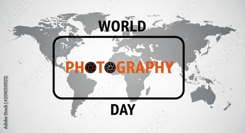 World photography day concept global map with typography celebrating photographic art