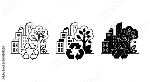 Foto Eco City Icons, Sustainable Urban Environment Graphics, Green Recycling Symbols