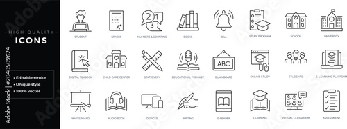 Set of outline icons related to education. Editable stroke. Linear icon.