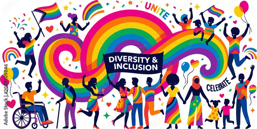 Fototapeta premium Unity Celebration with Rainbow and Diverse Community