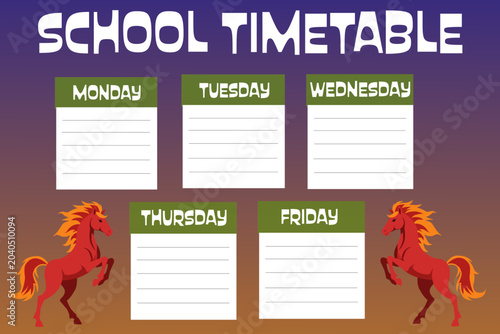 School timetable template with weekdays from Monday to Friday 