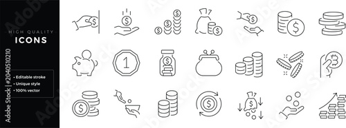 Set of outline icons related to coins. Editable stroke. Linear icon.