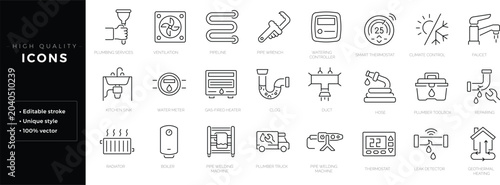 Tableau sur toile Set of outline icons related to plumbing, heating, ventilation, construction, renovation